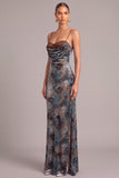 Grey Blue Sheath Spaghetti Straps Velvet Maxi Formal Dress with Slit