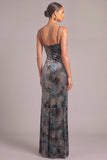 Grey Blue Sheath Spaghetti Straps Velvet Maxi Formal Dress with Slit