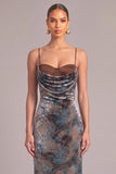 Grey Blue Sheath Spaghetti Straps Velvet Maxi Formal Dress with Slit