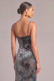 Grey Blue Sheath Spaghetti Straps Velvet Maxi Formal Dress with Slit