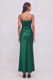 Sparkly Emerald Green Sheath Square Neck Ruched Maxi Formal Dress with Rhinestone