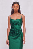 Sparkly Emerald Green Sheath Square Neck Ruched Maxi Formal Dress with Rhinestone