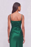 Sparkly Emerald Green Sheath Square Neck Ruched Maxi Formal Dress with Rhinestone