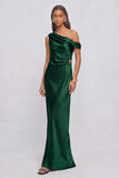 Dark Green Satin Mermaid One Shoulder Ruched Long Formal Dress