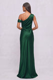 Dark Green Satin Mermaid One Shoulder Ruched Long Formal Dress