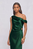 Dark Green Satin Mermaid One Shoulder Ruched Long Formal Dress