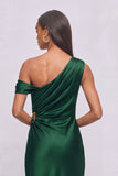 Dark Green Satin Mermaid One Shoulder Ruched Long Formal Dress