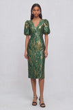 Green Sheath Jacquard V-Neck Puff Sleeves Midi Wedding Guest Dress with Slit