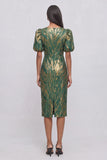 Green Sheath Jacquard V-Neck Puff Sleeves Midi Wedding Guest Dress with Slit