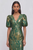 Green Sheath Jacquard V-Neck Puff Sleeves Midi Wedding Guest Dress with Slit