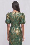 Green Sheath Jacquard V-Neck Puff Sleeves Midi Wedding Guest Dress with Slit