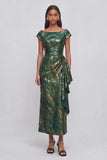 Green Sheath Boat Neck Ruffled Ruched Long Wedding Guest Dress