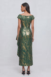Green Sheath Boat Neck Ruffled Ruched Long Wedding Guest Dress