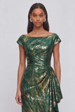 Green Sheath Boat Neck Ruffled Ruched Long Wedding Guest Dress