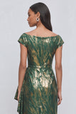Green Sheath Boat Neck Ruffled Ruched Long Wedding Guest Dress