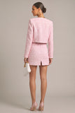 Pink 2 Piece Round Neck Tweed Short Pageant Interview Dress with Button