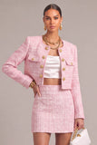 Pink 2 Piece Round Neck Tweed Short Pageant Interview Dress with Button