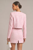 Pink 2 Piece Round Neck Tweed Short Pageant Interview Dress with Button