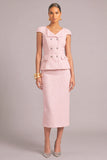 Sparkly Pink 2 Piece V-Neck Sheath Midi Sequins Pageant Interview Dress with Sleeves