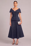 Glitter Navy 2 Piece Cap Sleeves Double Breasted Midi Pageant Interview Dress