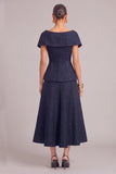 Glitter Navy 2 Piece Cap Sleeves Double Breasted Midi Pageant Interview Dress