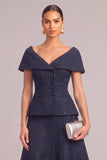Glitter Navy 2 Piece Cap Sleeves Double Breasted Midi Pageant Interview Dress