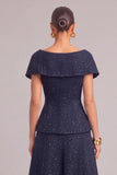 Glitter Navy 2 Piece Cap Sleeves Double Breasted Midi Pageant Interview Dress