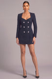 Glitter Navy Round Neck Double Breasted Short Tweed Pageant Interview Dress