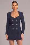 Glitter Navy Round Neck Double Breasted Short Tweed Pageant Interview Dress