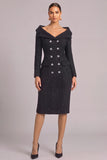 Black Glitter V-Neck Double Breasted Midi Tweed Pageant Interview Dress with Sleeves