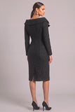 Black Glitter V-Neck Double Breasted Midi Tweed Pageant Interview Dress with Sleeves