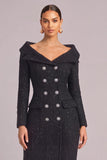 Black Glitter V-Neck Double Breasted Midi Tweed Pageant Interview Dress with Sleeves