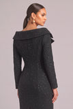 Black Glitter V-Neck Double Breasted Midi Tweed Pageant Interview Dress with Sleeves
