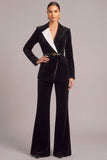 Black Velvet Peak Lapel Long Sleeves 2 Piece Business Suits with Belt