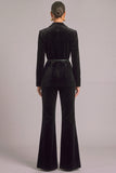 Black Velvet Peak Lapel Long Sleeves 2 Piece Business Suits with Belt