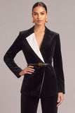 Black Velvet Peak Lapel Long Sleeves 2 Piece Business Suits with Belt