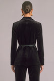 Black Velvet Peak Lapel Long Sleeves 2 Piece Business Suits with Belt