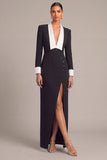 Black Sheath Shawl Lapel Long Sleeves Pageant Interview Dress with Slit
