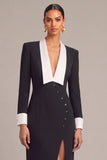 Black Sheath Shawl Lapel Long Sleeves Pageant Interview Dress with Slit