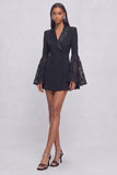 Black Peak Lapel Short Lace Pageant Interview Dress with Sleeves