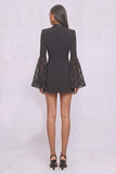 Black Peak Lapel Short Lace Pageant Interview Dress with Sleeves