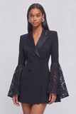 Black Peak Lapel Short Lace Pageant Interview Dress with Sleeves
