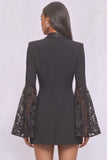 Black Peak Lapel Short Lace Pageant Interview Dress with Sleeves