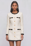 Ivory Bodycon Round Neck Short Tweed Pageant Interview Dress with Button