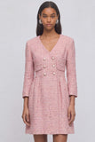 Pink A-Line V-Neck Tweed Short Pageant Interview Dress with Button