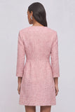 Pink A-Line V-Neck Tweed Short Pageant Interview Dress with Button
