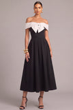 Black A-Line Off the Shoulder Midi Formal Dress with Bow