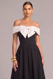 Black A-Line Off the Shoulder Midi Formal Dress with Bow