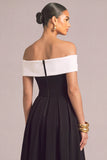 Black A-Line Off the Shoulder Midi Formal Dress with Bow
