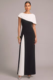 Black Sheath Boat Neck Pleated Long Formal Dress
